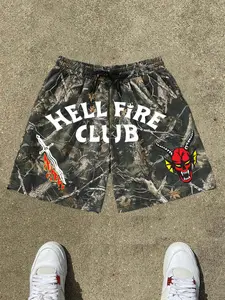 Vintage Camo Texture Shorts, Stranger Things Hellfire Club Slogan, Demon Flame Sword Print, Drawstring Loose Fit, Breathable Fabric