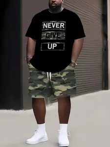 Plus Size Men's Casual Fashion Sports Geometric Set with 'never Give Up, You Can Do It' Print T-Shirt and Camouflage Shorts, All Seasons Loose Fit
