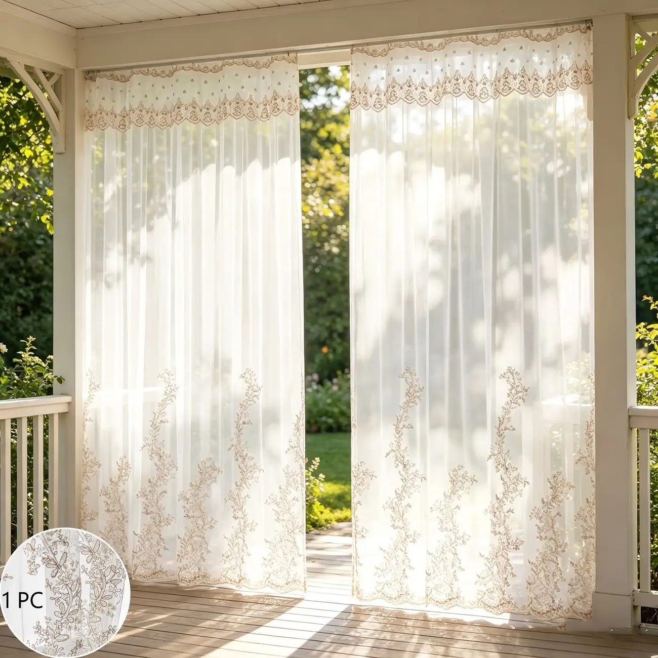 1pc Luxurious Outdoor Sheer Curtain Window Sheers with Drapery, Privacy Filter, Embroidered Design, Ideal for Balcony, Porch, Garden, Wedding Decor