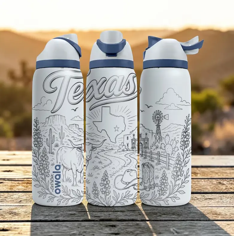 Owala FreeSip 32oz Texas Design Engraved Water Bottle | Lone Star State Laser Engraved Stainless Steel Vacuum Insulated Travel Bottle | Western Style Drinkware with Straw Lid