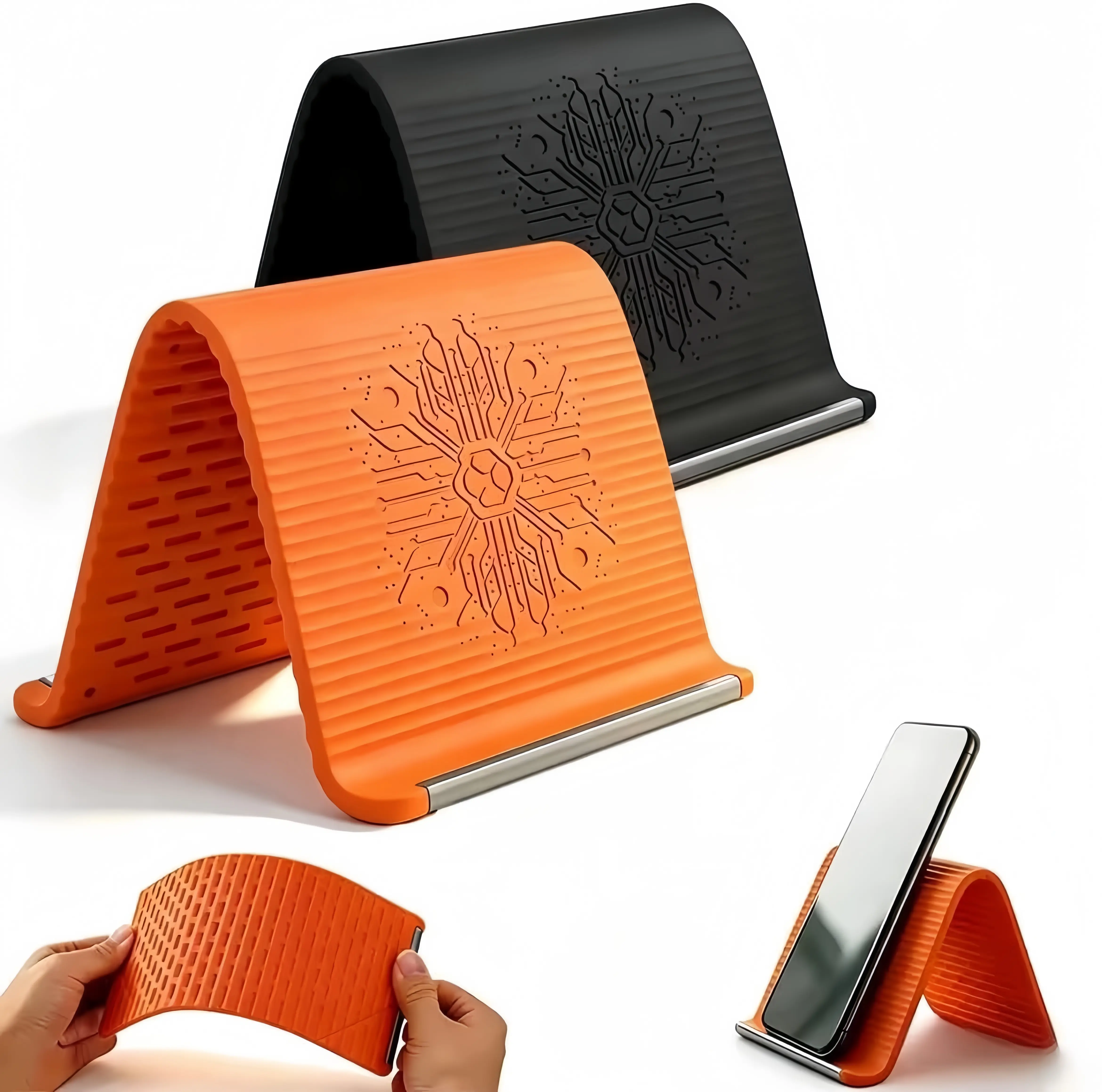 Flexible Silicone Aluminum Phone holder stand, Bendable Rollable Foldable Design, Universal Adjustable Anti-Slip Desktop Mount for Phone Tablet Laptop, Portable Ergonomic Holder for Home Office Travel