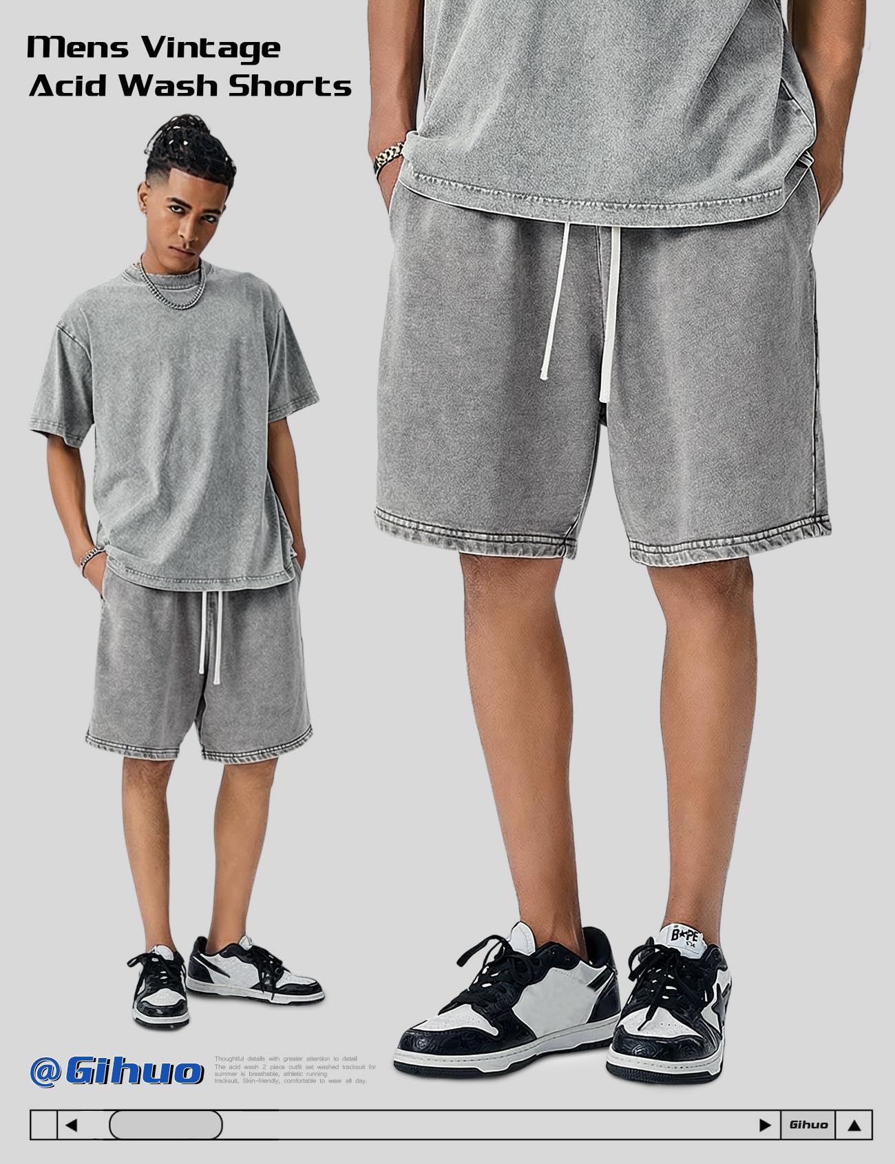 Gihuo Mens Unisex Sweat Shorts Cotton Athletic Shorts Vintage Acid Wash Elastic Waist Drawstring Workout Shorts with Pockets Womenswear Basic Bottom Casual Minimalist