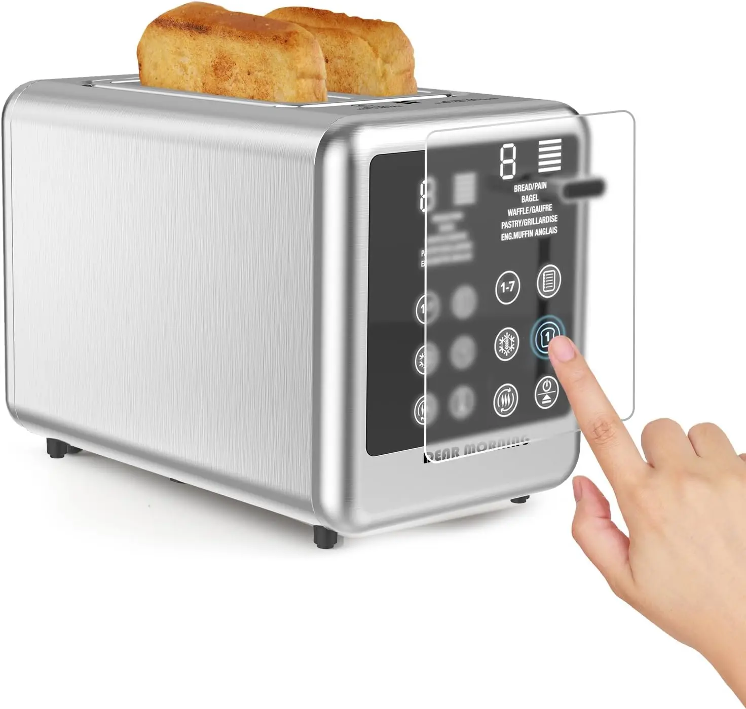 Stainless Steel 2-Slice Smart Touch Screen Toaster, 120V 900W Digital Timer Toaster with 7 Shade Settings, Bagel/Defrost/Reheat Functions, Removable Crumb Tray, Ideal Gift for Family Home Cooking, 2 Slices