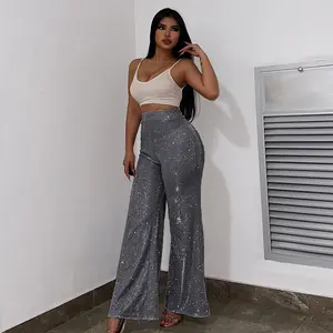 Velius Women's Sexy Metallic Sparkly Wide Leg Pants Trousers Night out Party Pub Clubwear