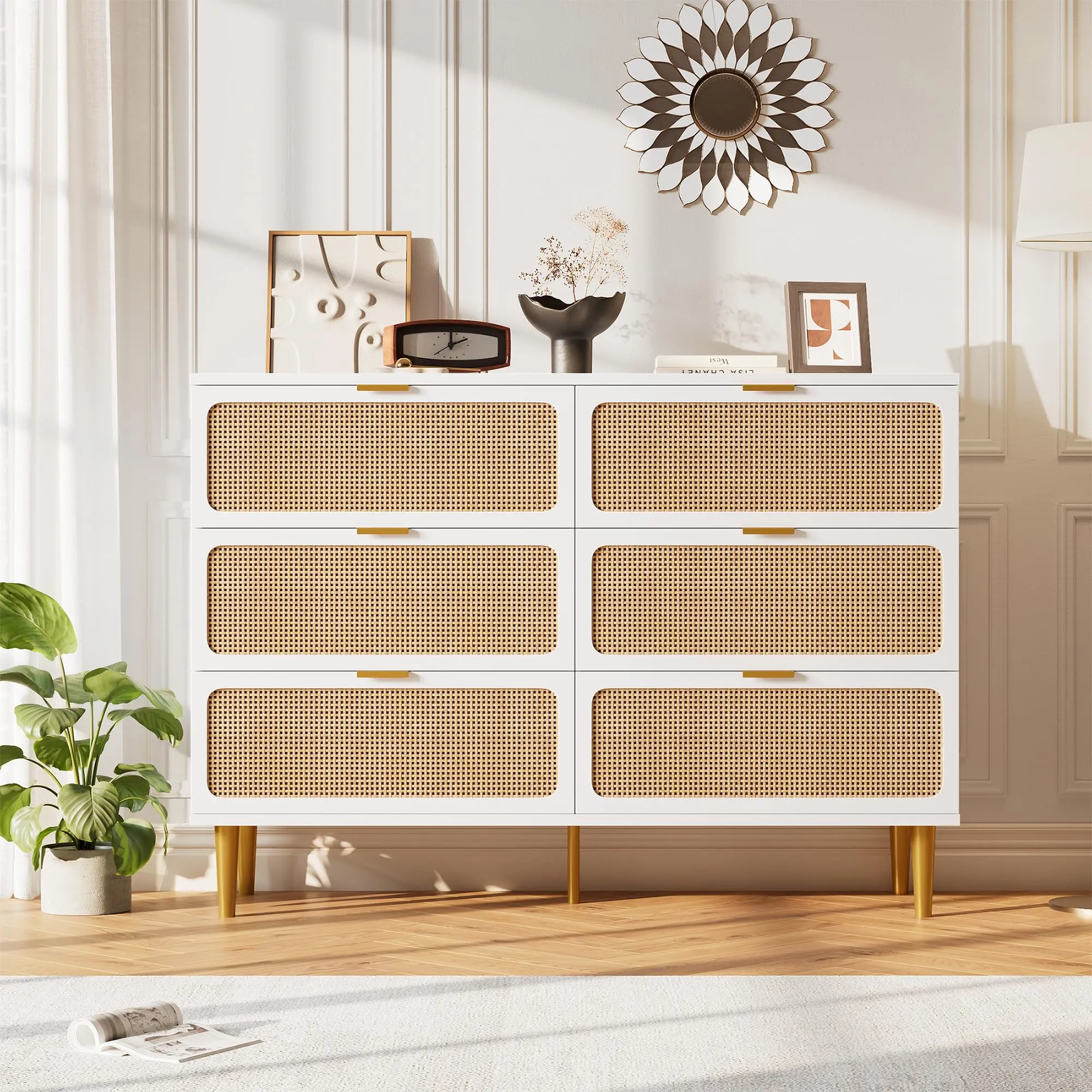 Rattan 6 Drawer Dressers for Bedroom,Large Double Dresser with Deep Drawers,Chest of Drawers for Closet with Wide Top,Long Wooden Dresser for Living Room, Hallway,Kids Room,White