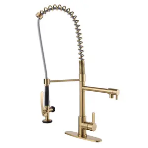 WOWOW Brushed Brass Kitchen Sink Faucet Gold Kitchen Faucet for Restaurant, Commercial Spring Faucet 1 or 3 Hole Outdoor Faucet with Deck-Plate