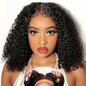 5X5 Put On And Go Glueless Bob Wig Human Hair Curly wave For Women Kinky Curly Lace Front Wig Human Hair Pre Plucked Pre Cut Lace Ready To Wear 180% Density Natural Black