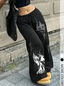 Women's Gothic Streetwear Wide-leg Sweatpants, Y2K Dark Punk Angel Gothic Print, Elastic Drawstring Waist & Pig-nose Cuffed Ankles, Comfortable & Stylish for Fall & Winter, Sporty Casual Pants, Casual Loose Pants
