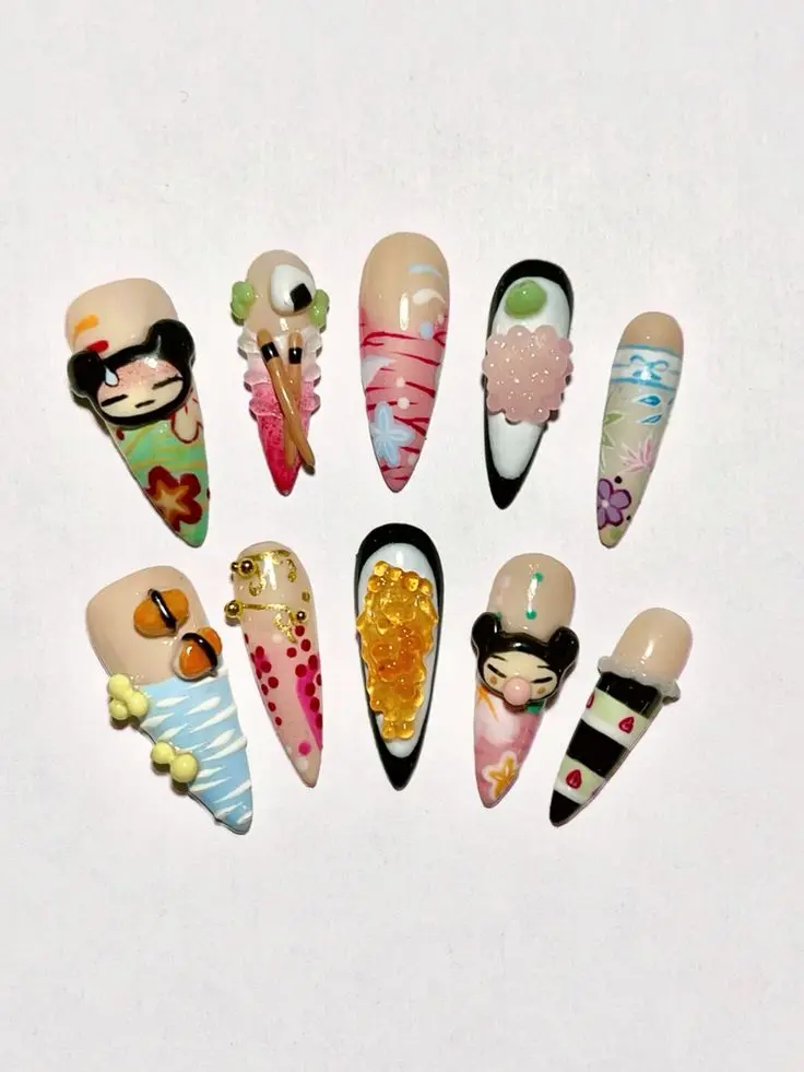UPuccaen Sushi 3D Press On Nails, Japanese Kawaii Food Fake Nails, Hand Painted Cartoon Character Sushi Roll Chopsticks Salmon Roe Nail Art, Handmade Reusable Nail Set | Gift Set (Adhesive Tabs, Nail File, Cuticle Stick)