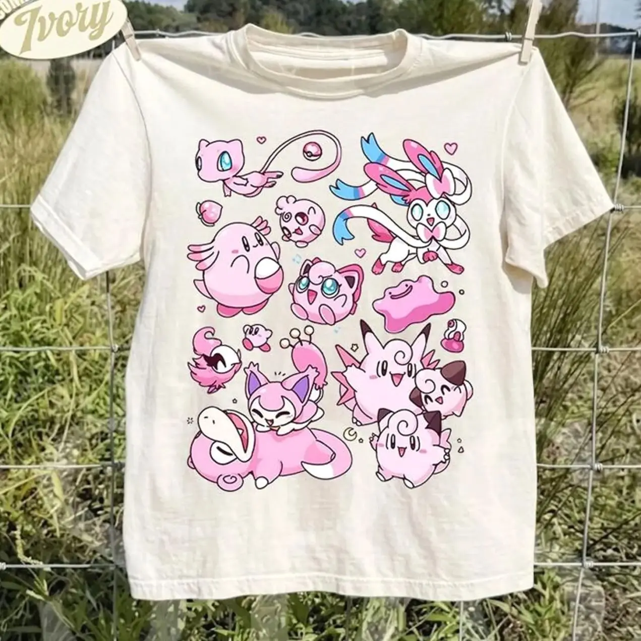 Pink P0000kemon T-Shirt, Kawaii Chibi Sylveon Mew Jigglypuff Tee, Cute Anime Aesthetic T-Shirt
