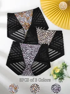 3-Pack Plus Size Leopard Print Underwear, High Waist Mesh Stretch Seamless Triangle Pants, Sexy Breathable Fitted Lingerie, 0xl-4xl