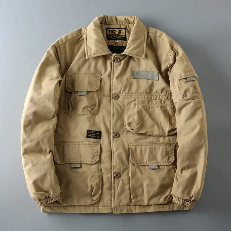 Men's Casual Military-Style Cargo Parka Coat - Menswear, Thick Cotton-Padded Long Sleeve Loose-Fitting Outerwear with Multi-Compartment Pockets, Warm Tops, Coats, Cargo Parka Jacket, Cargo Jacket