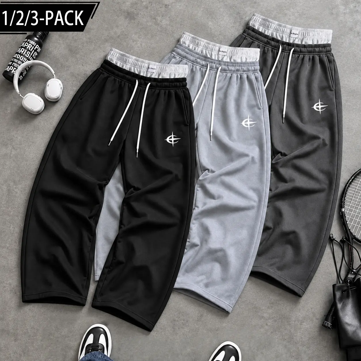 1-2-3pack，Men's Double Waist Sweatpants, Faux Layered Star Print Wide Leg Jogger Pants, Baggy Straight Leg Athletic Track Pants, Casual Streetwear Loose Fit Lounge Pants with Drawstring, Y2K Hip Hop Fashion