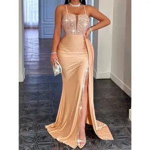 New Fashion Sequin Women's Elegant and Gorgeous Temperament V-Neck Off-Shoulder Open Back High Slit Dress, Slim Fit Patchwork High Waist Long Formal Evening Banquet Party Gown, Women's Long Dress