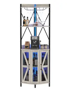 Garvee corner wine cabinet with 183 cm (72 inches) with power outlet, industrial wine cabinet with LED strips and glass holder, liquor cabinets with 5 shelves for home, small space