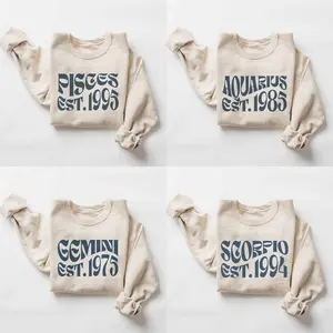 (LEAVE A NOTE OR DM SHOP) Retro Custom Zodiac EST. Year Sweatshirt - Sand Color, Minimalist Astrology Crewneck Pullover, Vintage Horoscope Sign Top, Unisex Birthday Gift for Her And Him, 90s Typography Style Outfit, Christmas Gift - HARSIN