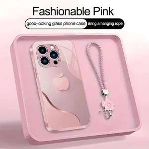 Luxury Faux Brushed Metal Texture Phone Case with Flower Lanyard | Glossy Glass Feel 2D Printed Cover | for [iPhone 15 Pro] 952