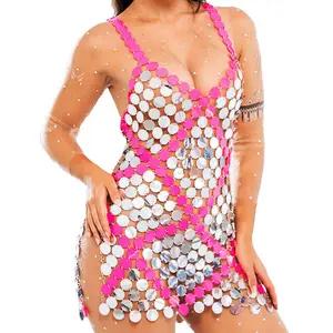 Women Sparkly Sequin Chainmail Mini Dress Pink Dot Disco Nightclub Concert Dresses Sleeveless V Neck Body Chain Dress - Pink