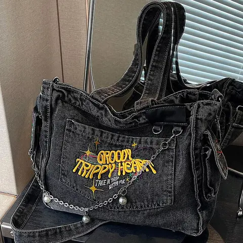 College student tote bag for girls large capacity denim trend new style one-shoulder crossbody handbag niche design backpack, college, outdoor, sports, travel, outing, shopping, vacation, vacation, fashion niche design, women bag