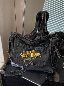 women's chain decor denim tote bag, letter & star pattern designer crossbody bag, casual trendy versatile high-quality daily commuting bag, girl shoulder bag, fall outfits, 80s fall freshness fall fall outfits 2025, vintage bag, stylish crossbody