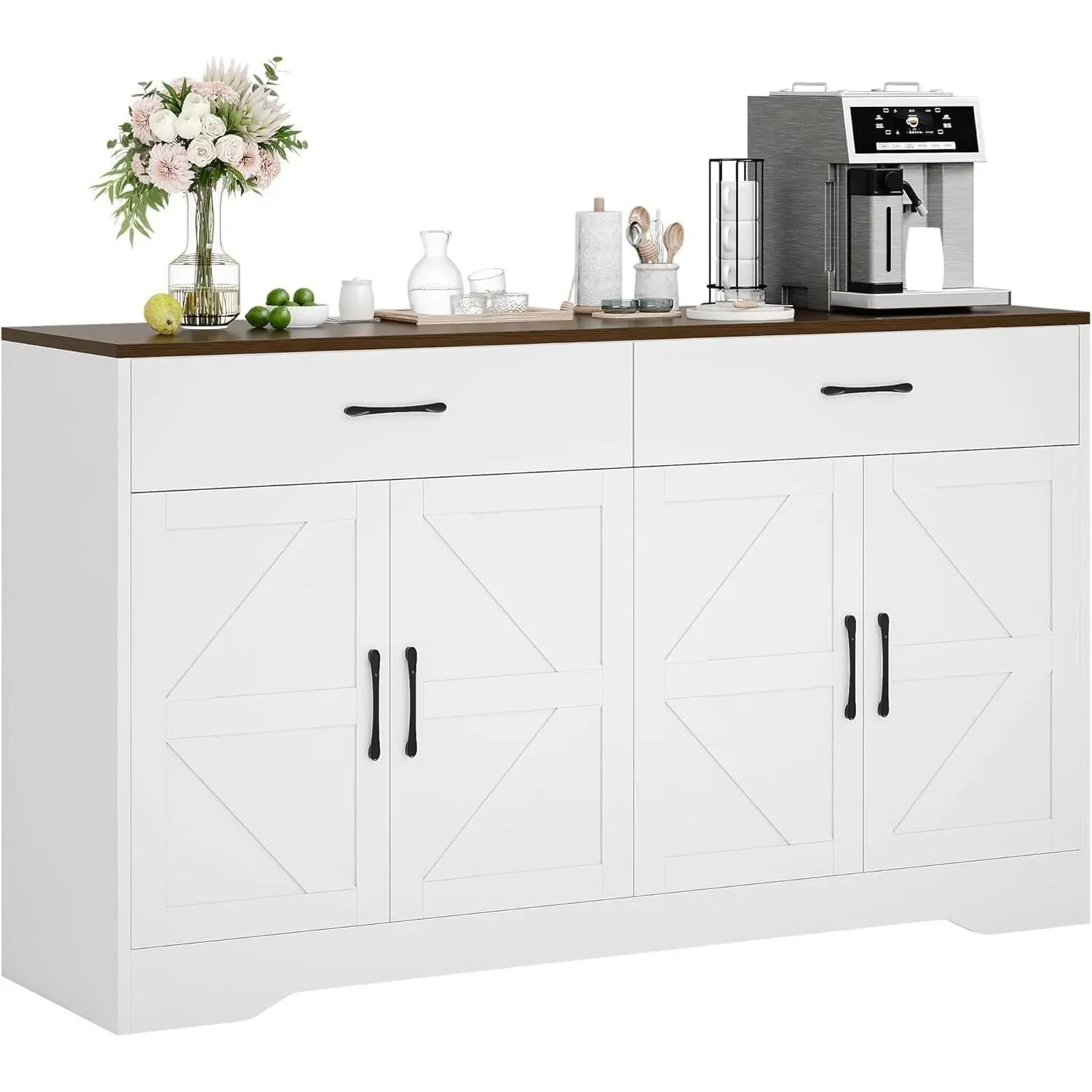 Modern Farmhouse Sideboard Cabinet, 55.1-Inch White Wood Buffet Table with Storage Drawers and Doors for Kitchen, Living Room Coffee Bar, Coffee Bar Table, Single Unit, With Drawers