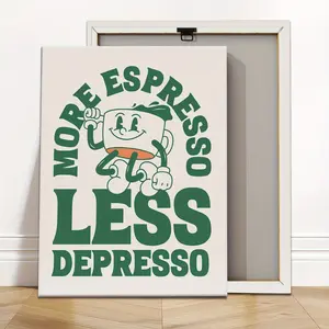 Poster and Print 1-Piece Framed Poster - Fun Gift for Coffee Lovers, Vintage Kitchen Decor with Wooden Frame - Green and White Art Print, Suitable for Home, Office, Cafe - Inspirational Wall Art 'More Espresso, Less Depression' - Ready-to-Hang Canvas Post