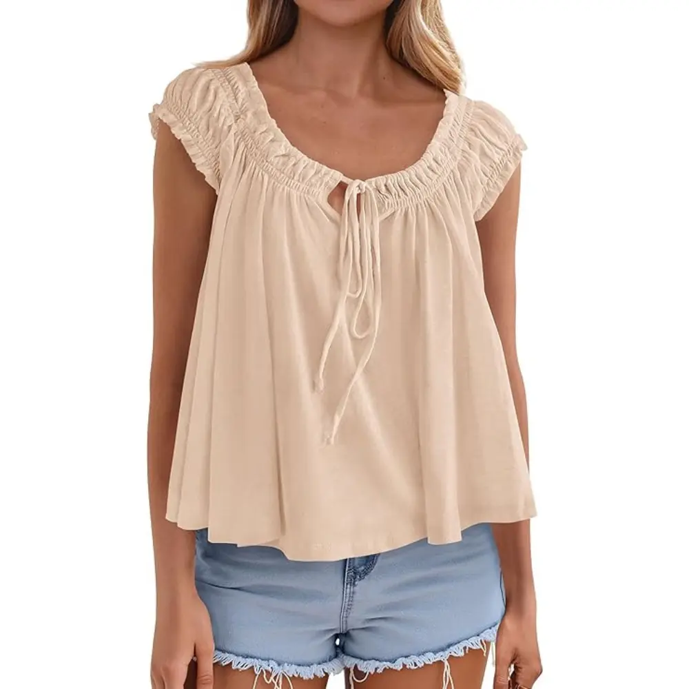 PrettyGarden Womens Tie Front Tank Tops  Summer Fashion Cap Sleeve Babydoll Blouses Flowy Shirts Spring Going Out Outfits