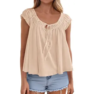 PrettyGarden Womens Tie Front Tank Tops  Summer Fashion Cap Sleeve Babydoll Blouses Flowy Shirts Spring Going Out Outfits