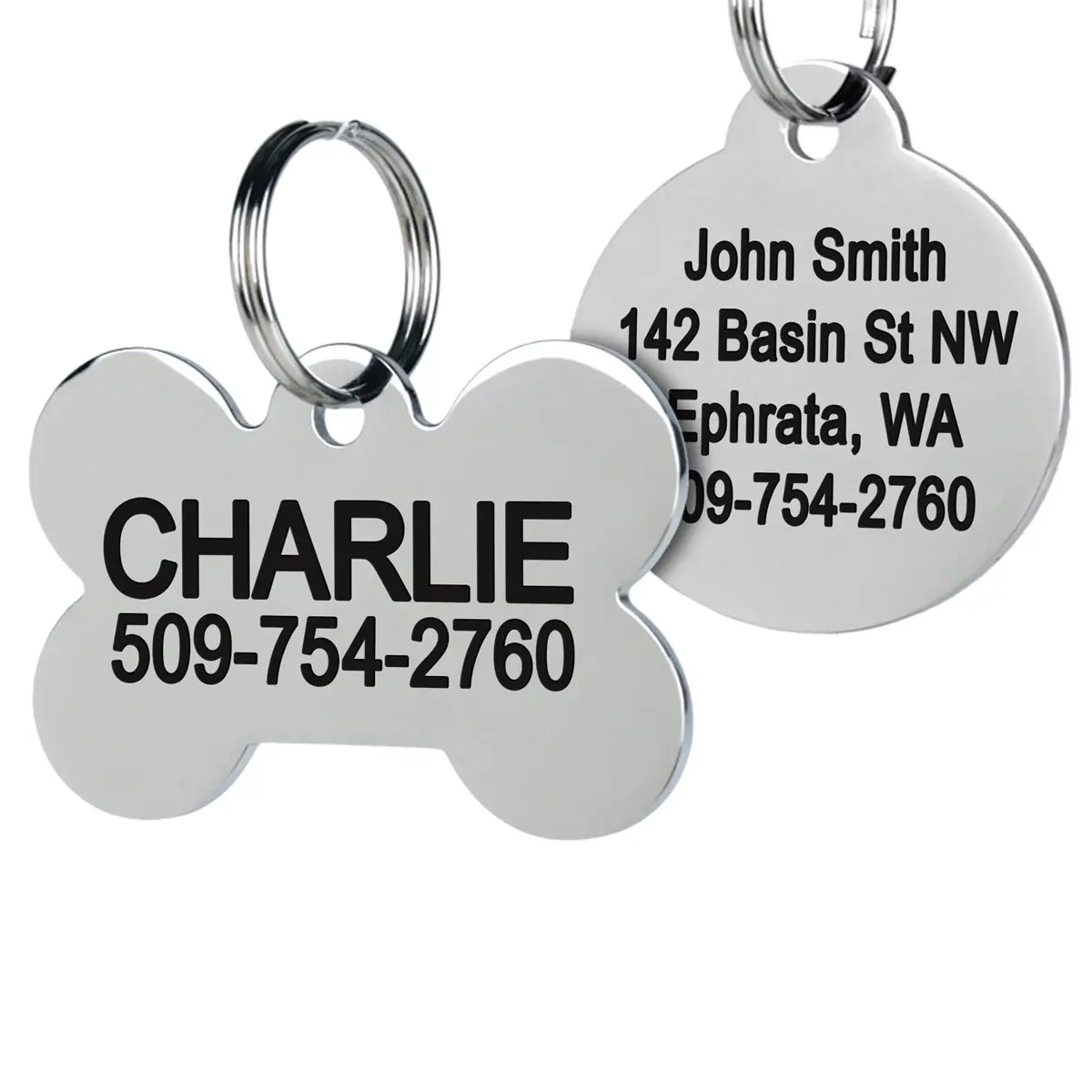 Stainless Steel Pet ID Tags, Personalized Dog Tags and Cat Tags, up to 8 Lines of Custom Text, Engraved on Both Sides, in Bone, Round, Heart, Bowtie and More (House, Regular (Pack of 1))
