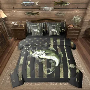 Bass Fish Comforter Bed Set with Sheets,Army Green American Flag Bedding Set,Kids Boys Teens Men Hunting Fishing Bed Bag,Big Pike Fish Bedding Set