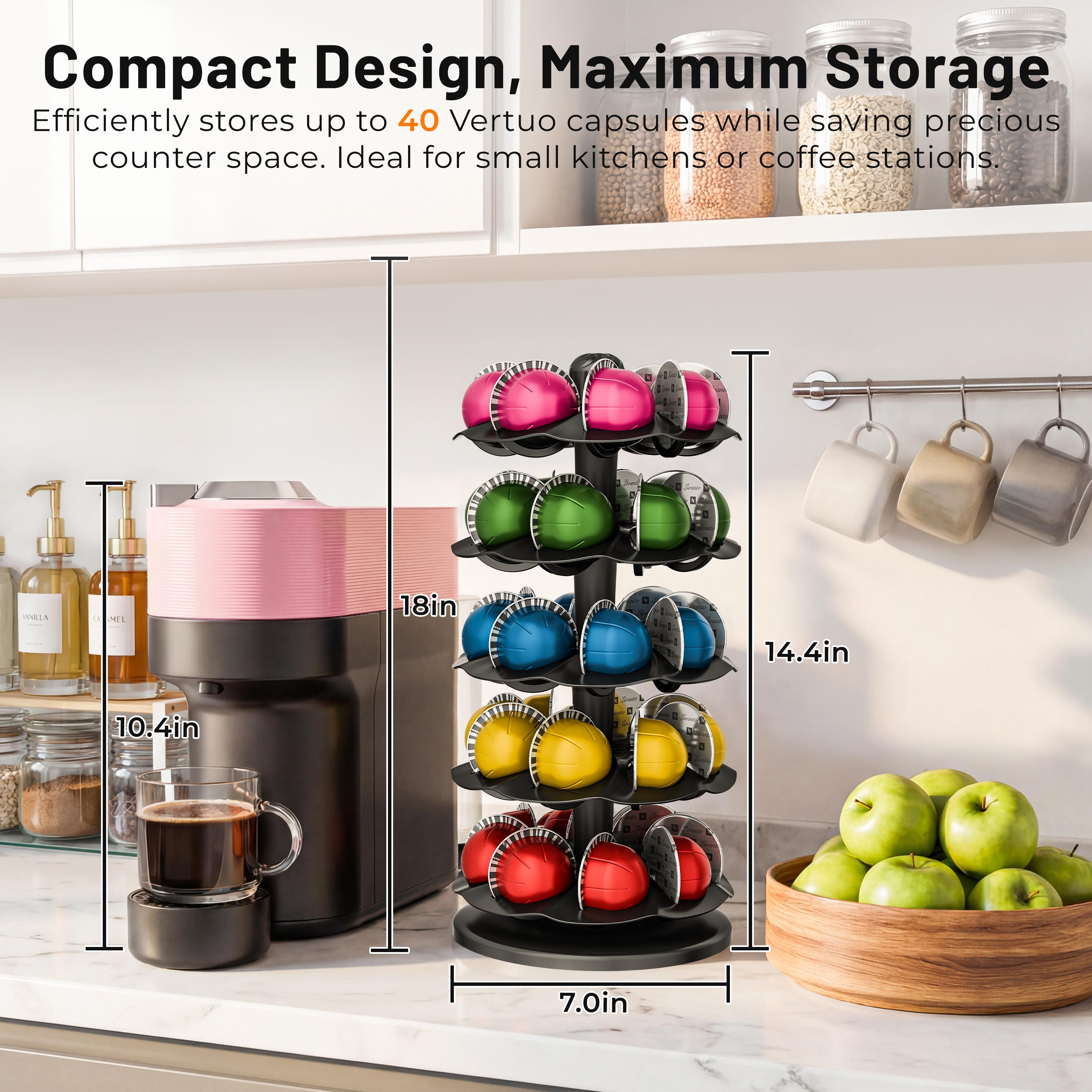 EVERIE Spinning Coffee Pod Carousel for Nespresso Vertuo Holds 40 Capsules Space-Saving Rotary Holder for Coffee Bar & Kitchen Countertop Black Sturdy Base Easy Access Design