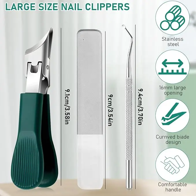 Nail Clipper Kit 3-Piece Stainless Steel Eagle-Beak Angled Lightweight Compact Thick Hard Trimmers Large Opening Splash-Proof with Sleeve Household Manicure Tool