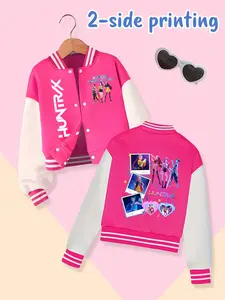 Girls Kpop Demon Hunters Baseball Jacket, Korean Style Print Casual Outerwear, Fall & Winter Fitted Coat, School & Christmas Wear, Collared Jacket