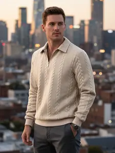 Men's Cable Knit Half-Zip Polo Sweatshirt, Long Sleeve Textured Knitted Design, Stylish Half-Zip Collar & Polo Neck, Soft & Warm Fabric for Autumn/Winter, Ideal for Urban Gentlemen & Business Casual Occasions, Versatile Daily Wear