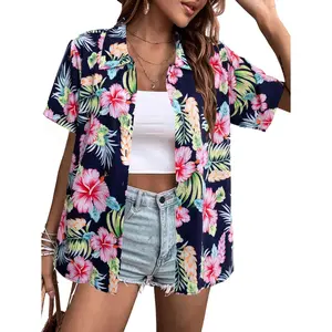Women Hawaiian Shirt Soft Cool Summer Hawaii Shirts Floral Tropic Print V Neck T-Shirt Short Sleeve Button Up Tops