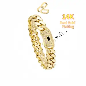 14K Real Gold Plated Miami Cuban Link Chain Bracelet The New Gold-Plated Craftsmanship Waterproof Fade-Resistant Non-Allergenic Hypoallergenic Material Thickened Link Chain Hip-Hop Jewelry for Men Women Valtentine's Day Gift y2k