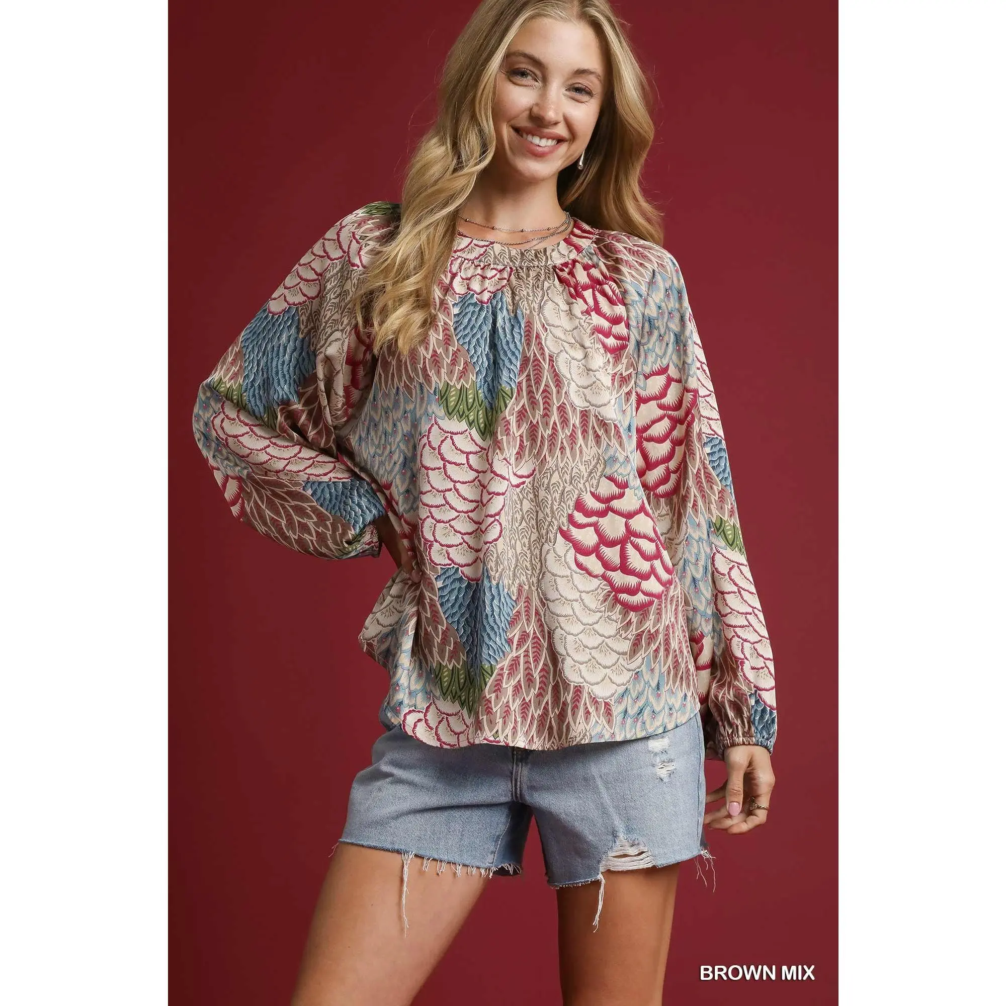 Umgee Boho Feather Print Peasant Blouse