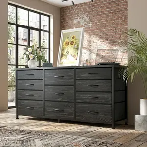 55 Inch Multifunctional TV Stand with 11 Fabric Drawers, Heavy Duty Metal Frame Media Console, Black Storage Dresser for Bedroom Living Room Organization