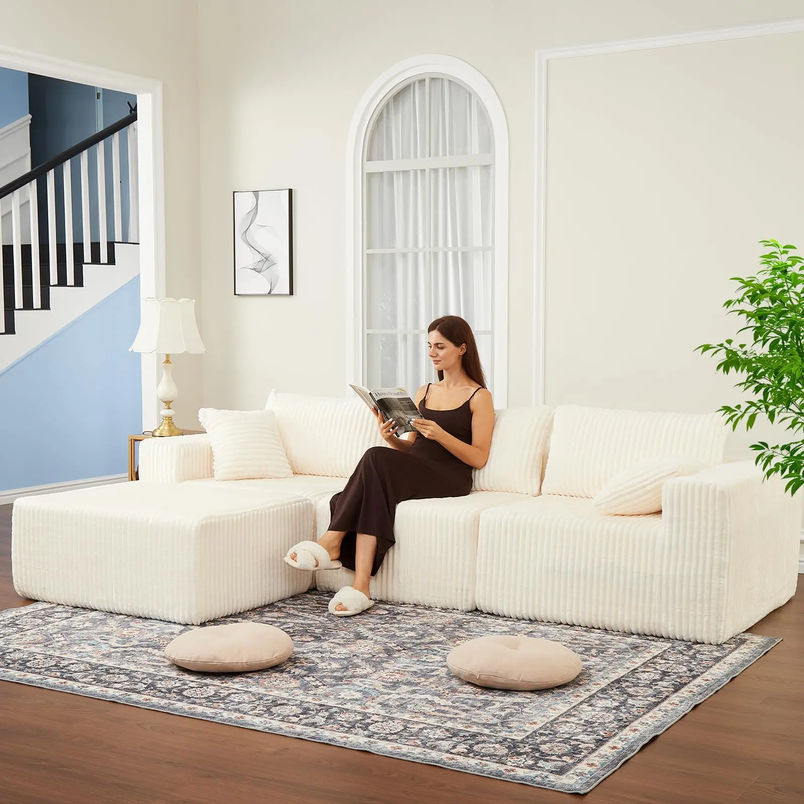 Garvee 108'' Modular Sectional Sofa Couch for Living Room with Cloud Memory Foam, Boneless Design, Corduroy Sponge Compression, Deep Seat Comfort, No Assembly Required, Grey