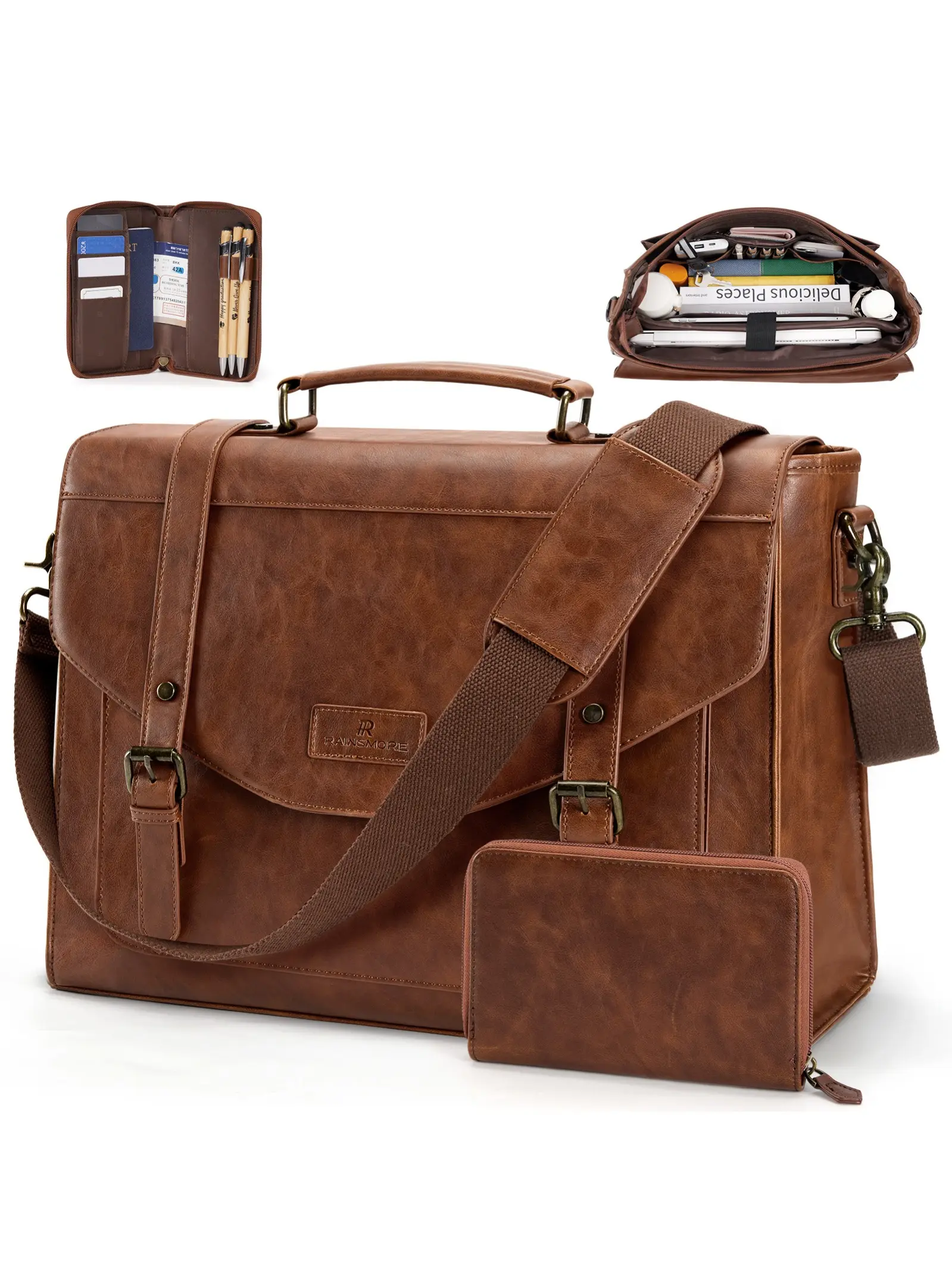 Men's Vintage PU Leather Messenger Bag, 15.6 Inch Laptop Briefcase, Retro Computer Bag with Wallet, Shoulder Crossbody Bag, Travel Essentials, Strap, Zip