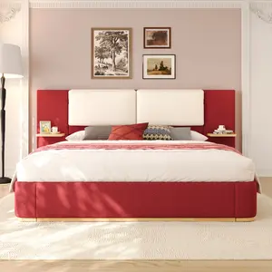King Size Platform Bed with Headboard, Upholstered Platform Bed Frame with Anti-Collision Soft Rounded Corners, Stable and Solid, No Box Spring Needed, Easy Assembly, Red