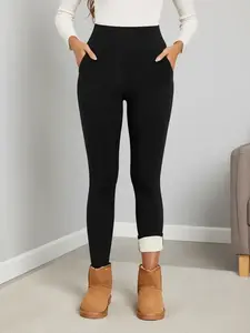 Women's Plain Basic Pocket High Waist Thermal Lined Leggings, Casual Comfy Warm Skinny Pants for Everyday Wear, Ladies Bottoms for Winter Womenswear