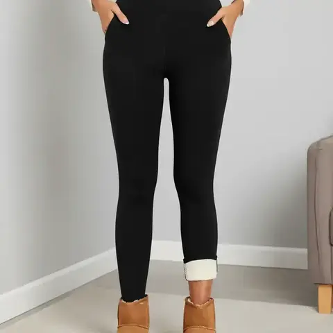 Women's Plain Basic Minimalist Pocket High Waist Fit Thermal Lined Leggings, Casual Comfy Warm Skinny Pants for Everyday Wear, Ladies Bottoms for Winter Womenswear Clothing