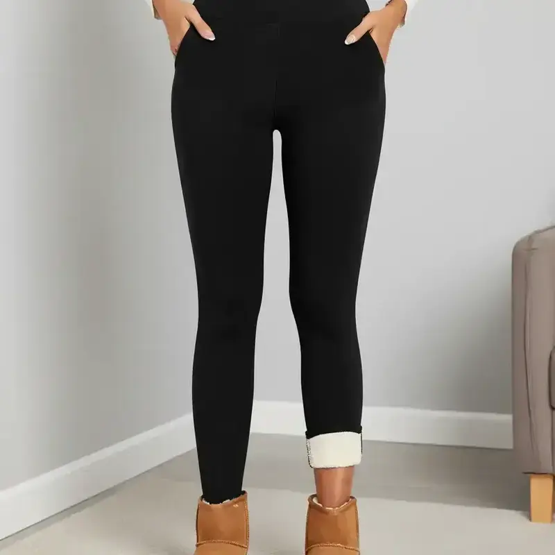 Women's Plain Basic Minimalist Pocket High Waist Fit Thermal Lined Leggings, Casual Comfy Warm Skinny Pants for Everyday Wear, Ladies Bottoms for Winter Womenswear Clothing