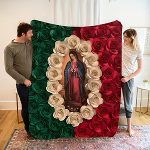 Virgin Mary and Rose Flannel Blanket - Comfortable All-Season Bedding, Suitable for Napping, Camping, Travel - Colorful Mexican Flag Design, Tear-Resistant, Machine Washable - Perfect Gift for Friends and Family, Bed Blanket