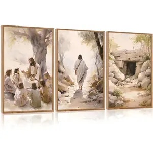 Jesus Teaching Children Jesus on Path Framed Empty Tomb Bible Stories Wall Art(16"x24"), 3PCS Boho Christian Easter Scripture Gifts Canvas Artwork, Large Spiritual Religious Faith Decor Prints for Office Home