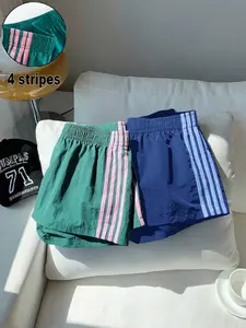 Women's Quick-Dry Breathable Gym Shorts, Summer Vintage Casual Loose Fit Elastic Waist Wide Leg Pants, Thin Striped Design, Stripes Print Shorts, Athleisure Casual Shorts, Activewear Shorts