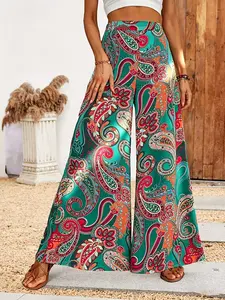 Plus Size Boho Floral Wide Leg Pants, High Waist Slimming Loose Fit Casual Trousers, Elegant All-Season Women's Clothing