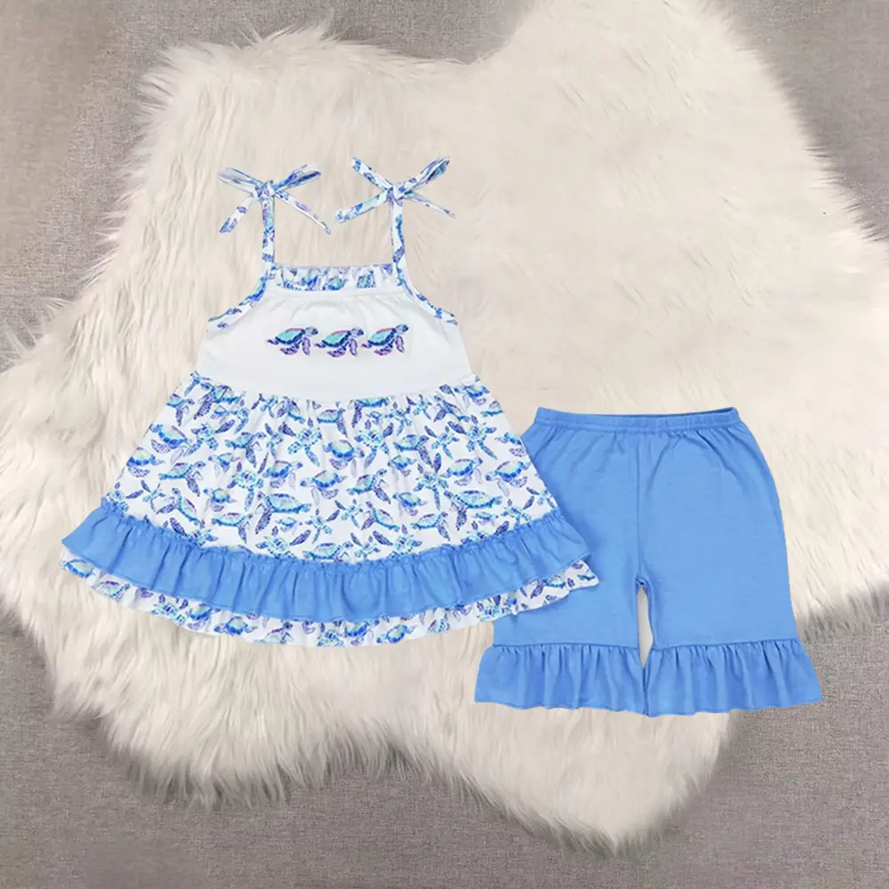 New Clothes Girls Turtle Tunic Short Set Summer Clothes with Straps Kids Outfit