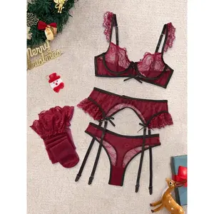 Christmas Five-Piece Set Sexy Sheer Bow Design Adjustable Strap Fitted Lingerie, Thin Plain Fabric for All Seasons
